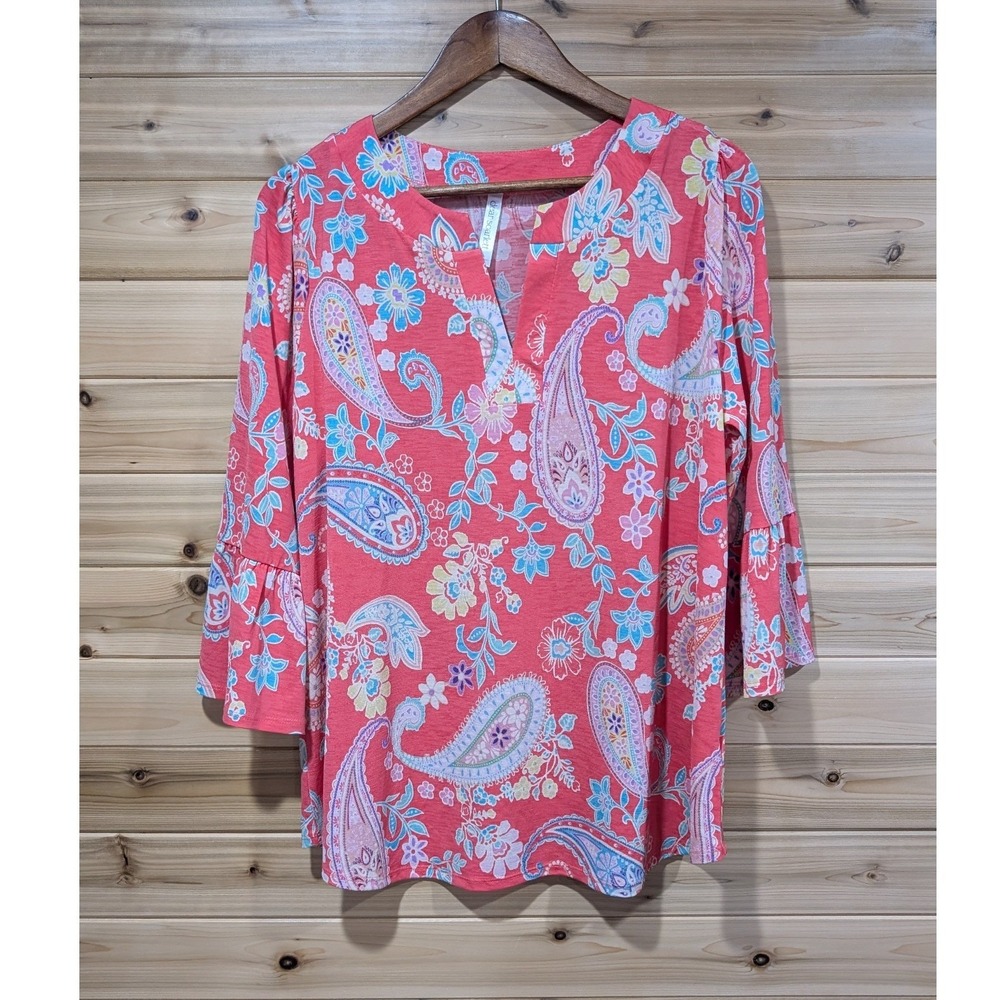 Dear Scarlett Womens Coral Paisley Floral Split‎ Neck Ruffle Bell Sleeve Top L